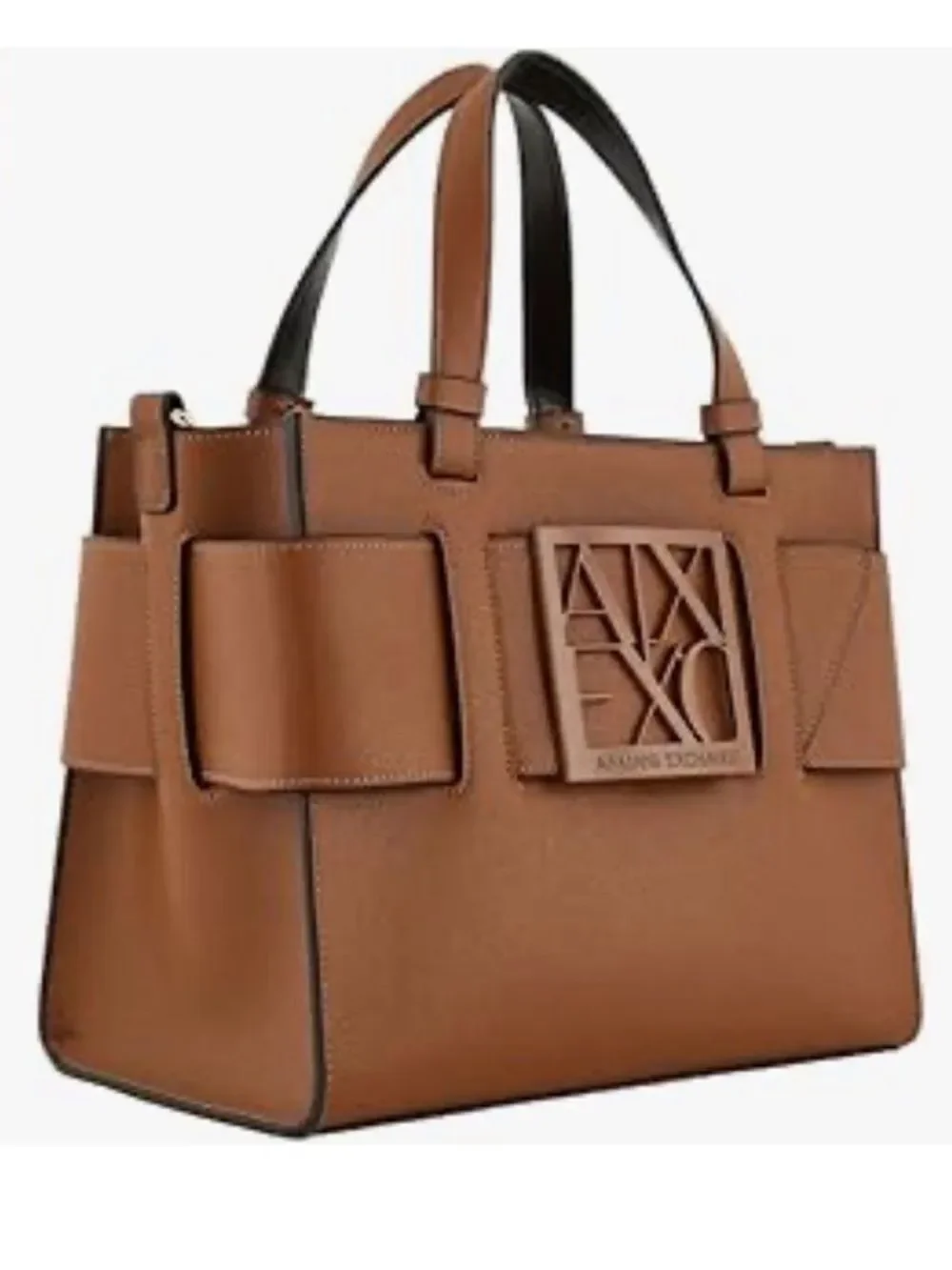 A/X Whiskey Brown Medium Faux Leather Tote with Central Logo Crossbody Strap
